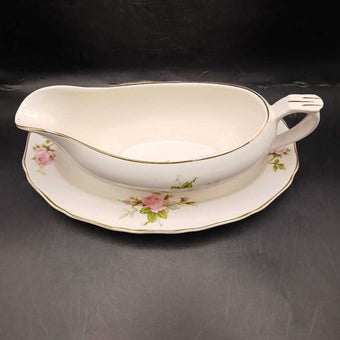 Vtg Canonsburg Gravy Boat with Saucer Rose Bouquet 22K trim - 2 pieces