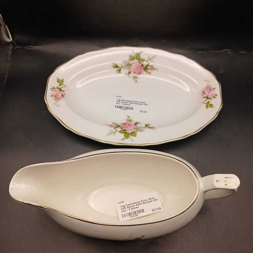 Vtg Canonsburg Gravy Boat with Saucer Rose Bouquet 22K trim - 2 pieces