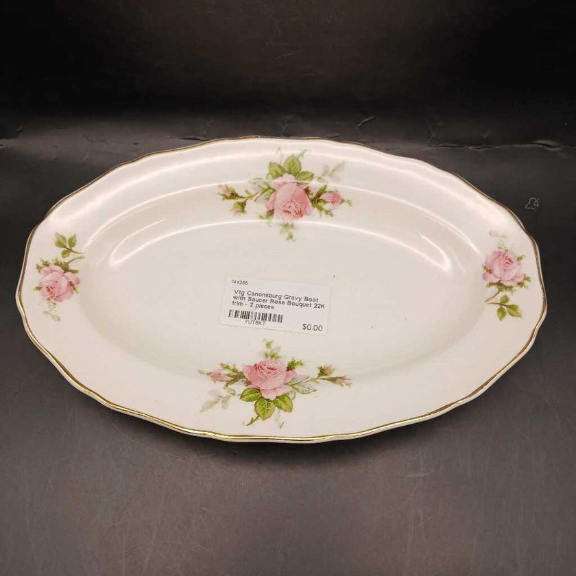 Vtg Canonsburg Gravy Boat with Saucer Rose Bouquet 22K trim - 2 pieces