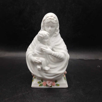 Madonna and Child Porcelain Bisque Figurine with applied pink roses at base