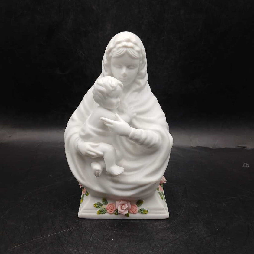 Madonna and Child Porcelain Bisque Figurine with applied pink roses at base