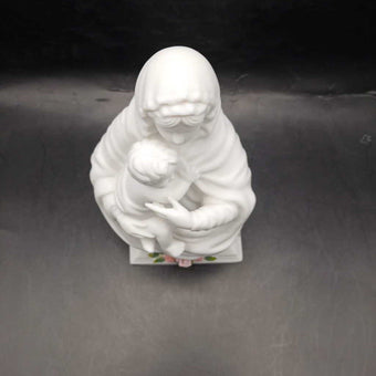 Madonna and Child Porcelain Bisque Figurine with applied pink roses at base