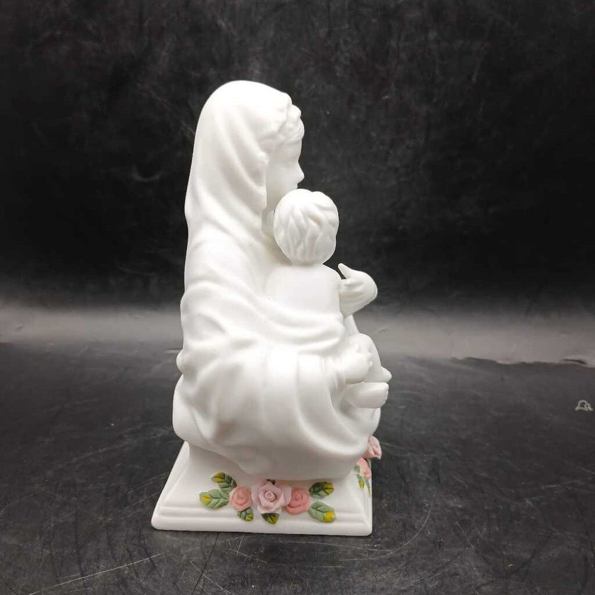 Madonna and Child Porcelain Bisque Figurine with applied pink roses at base