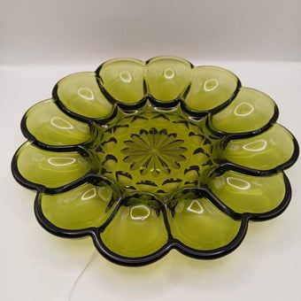 70s Anchor Hocking Glass Devilled Egg Serving Platter Plate Avocado Green