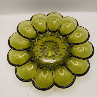 70s Anchor Hocking Glass Devilled Egg Serving Platter Plate Avocado Green