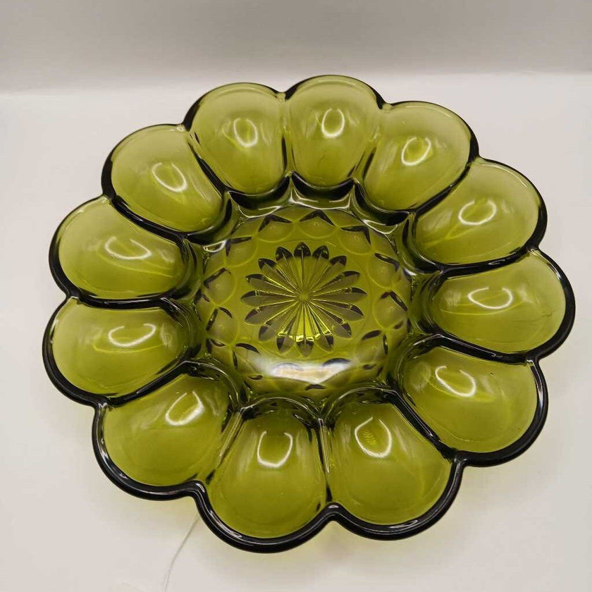 70s Anchor Hocking Glass Devilled Egg Serving Platter Plate Avocado Green