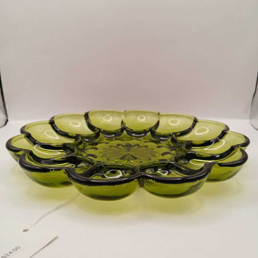70s Anchor Hocking Glass Devilled Egg Serving Platter Plate Avocado Green