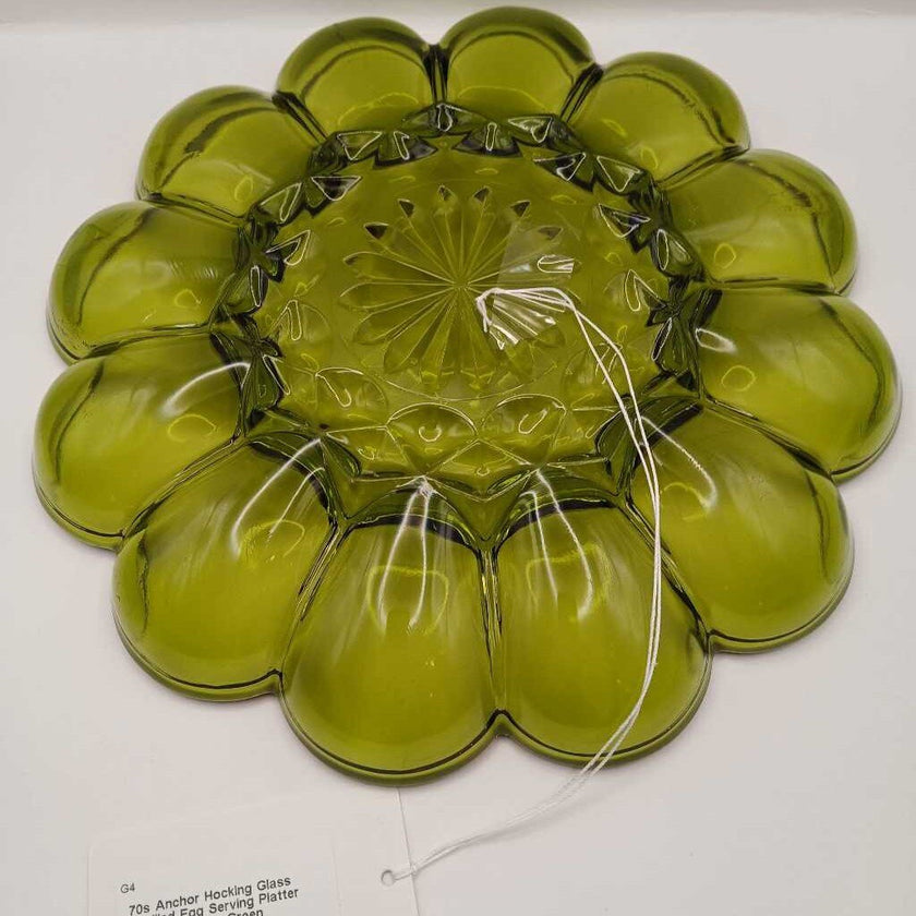 70s Anchor Hocking Glass Devilled Egg Serving Platter Plate Avocado Green