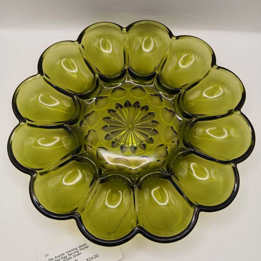 70s Anchor Hocking Glass Devilled Egg Serving Platter Plate Avocado Green