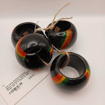 70s Hand Painted Rainbow Black Lacquered Wood Napkin Rings Set of 4 Made in India