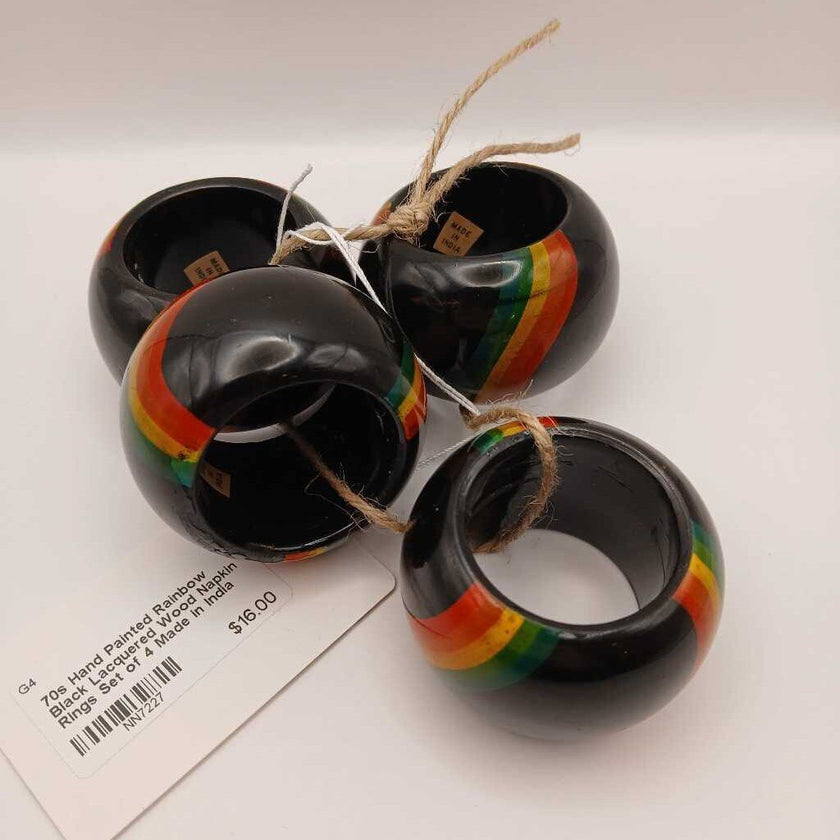 70s Hand Painted Rainbow Black Lacquered Wood Napkin Rings Set of 4 Made in India