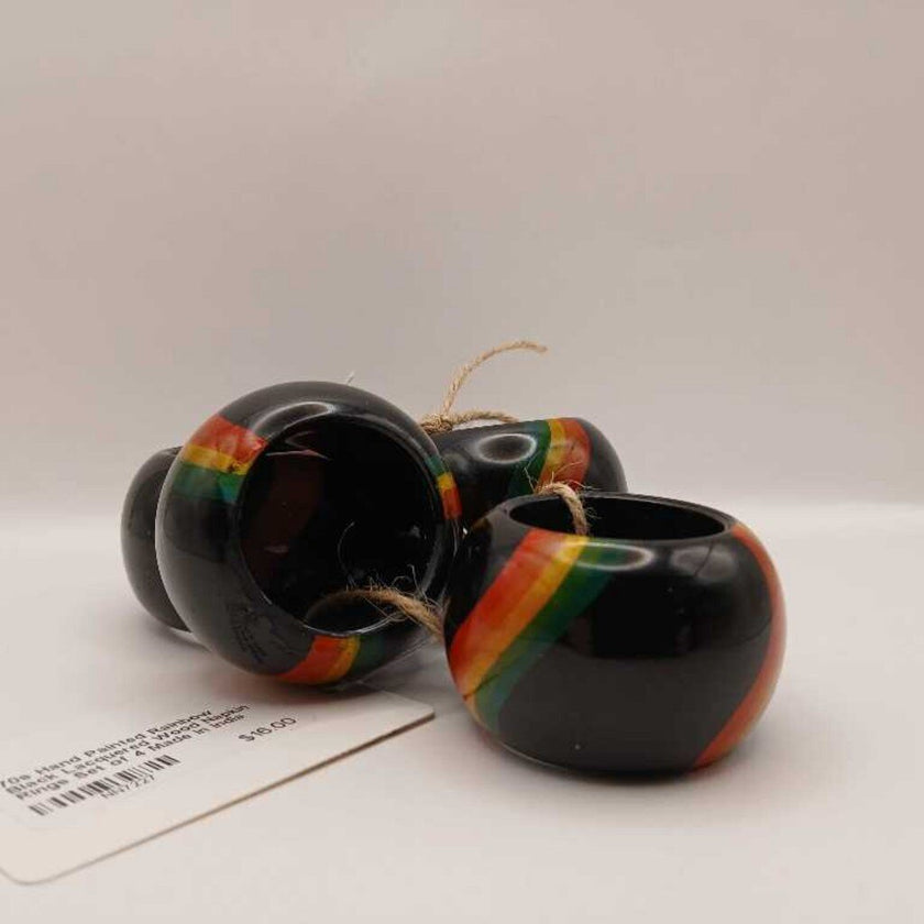 70s Hand Painted Rainbow Black Lacquered Wood Napkin Rings Set of 4 Made in India