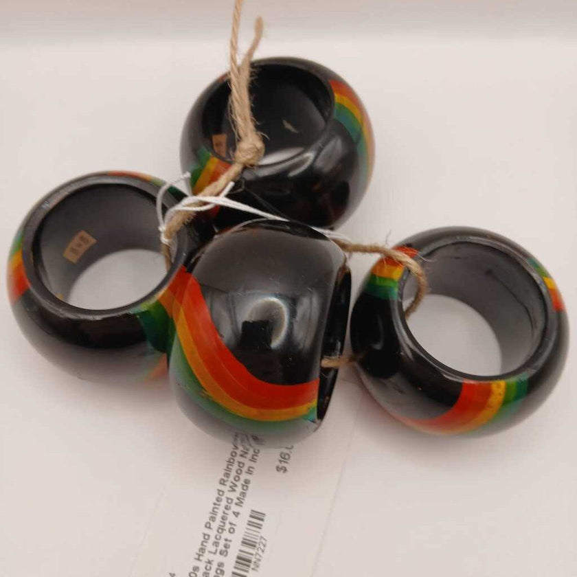 70s Hand Painted Rainbow Black Lacquered Wood Napkin Rings Set of 4 Made in India