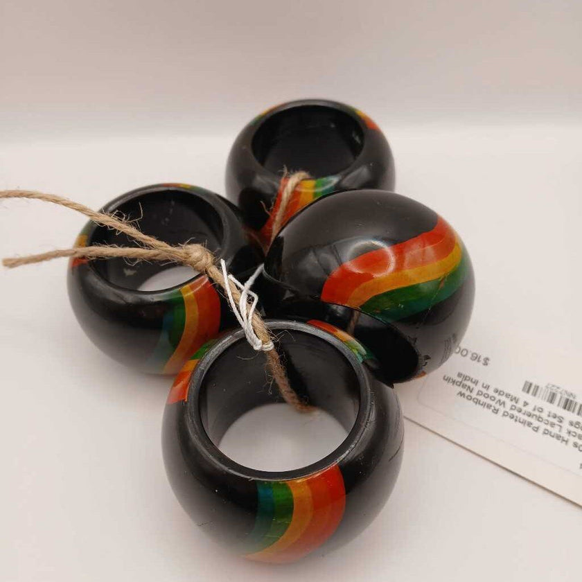 70s Hand Painted Rainbow Black Lacquered Wood Napkin Rings Set of 4 Made in India