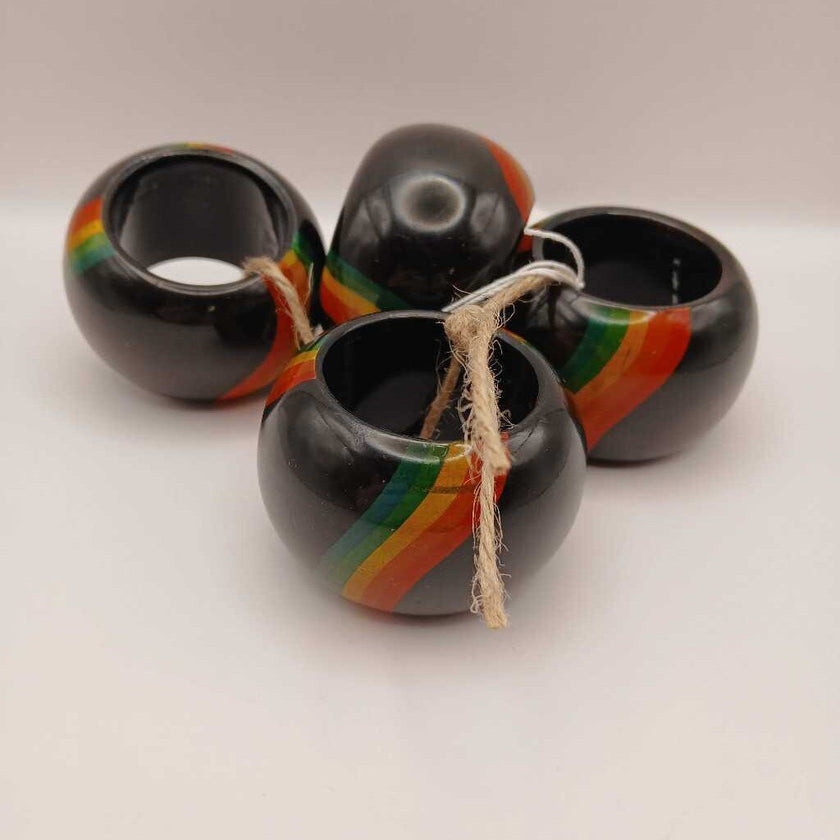 70s Hand Painted Rainbow Black Lacquered Wood Napkin Rings Set of 4 Made in India