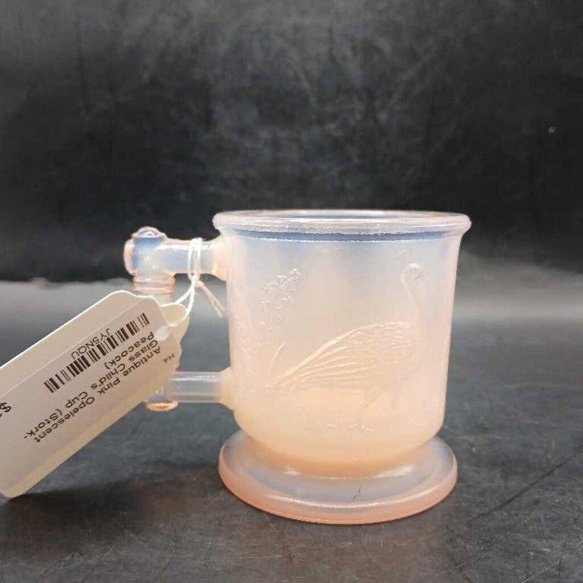 Antique Pink Opelescent Glass Child's Cup (Stork-Peacock)