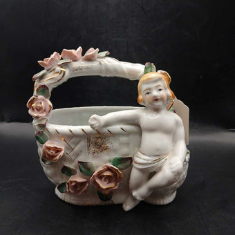 Vintage Japan Cherub and Roses Basket