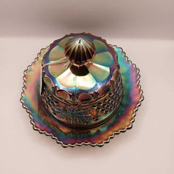 Antique Iridescent Cobalt Blue Covered Butter / Cheese Dish 