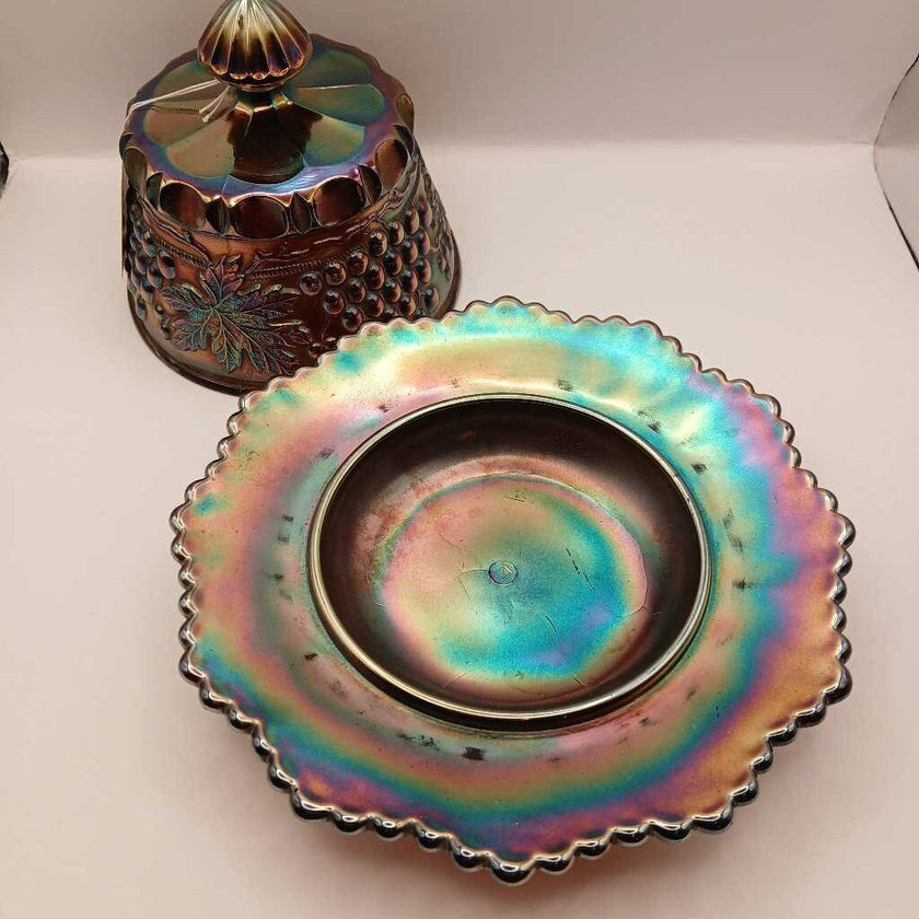 Antique Iridescent Cobalt Blue Covered Butter / Cheese Dish 
