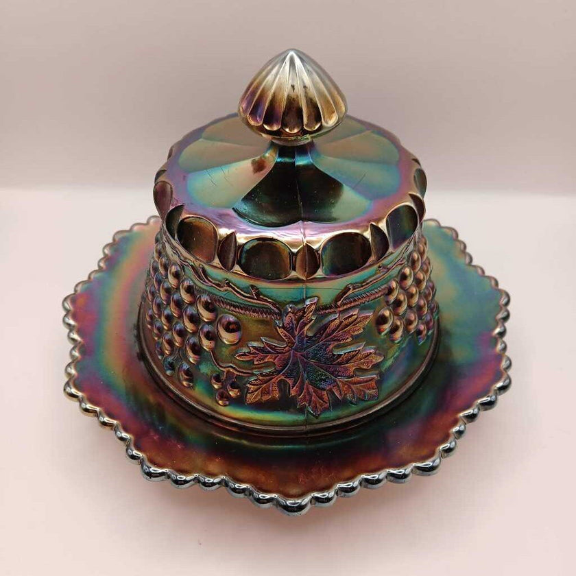 Antique Iridescent Cobalt Blue Covered Butter / Cheese Dish 