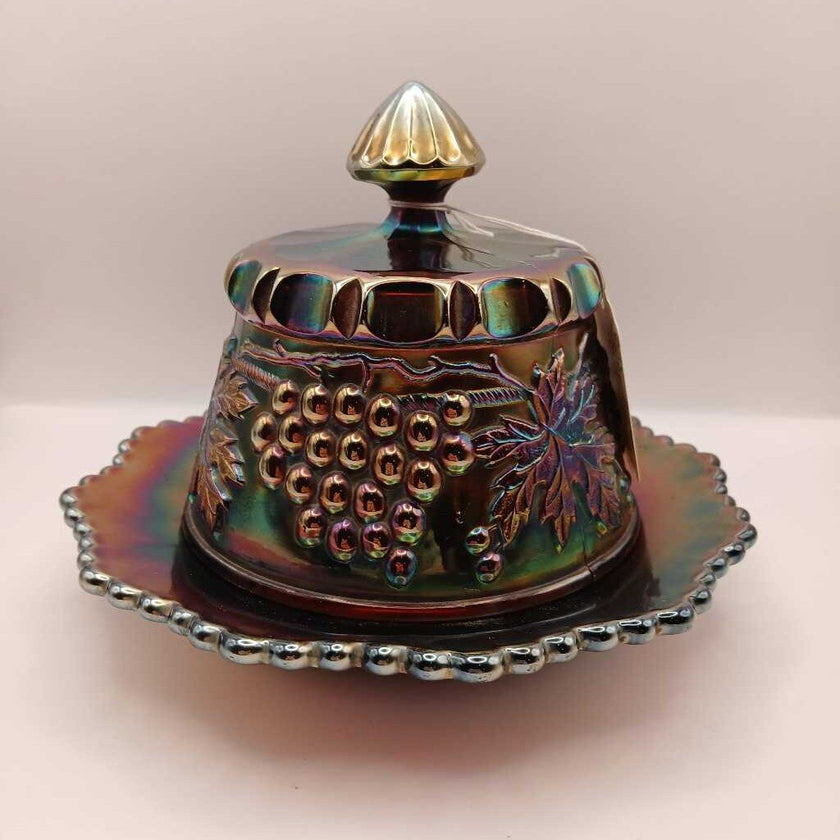 Antique Iridescent Cobalt Blue Covered Butter / Cheese Dish 