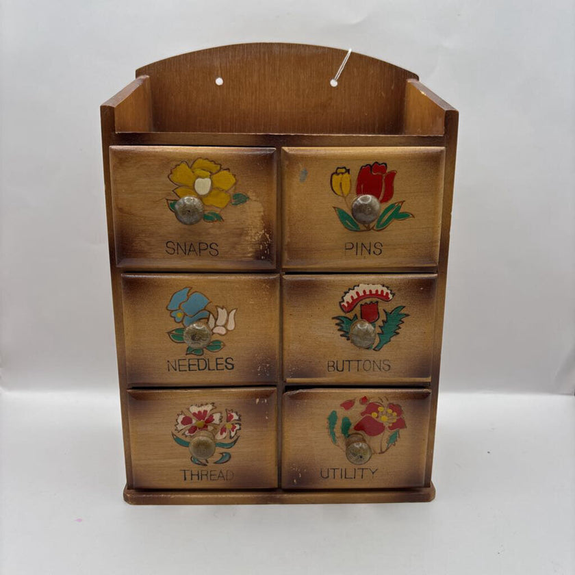 1950's 6-DRAWER HAND-PAINTED WOODEN WALL SEWING BOX