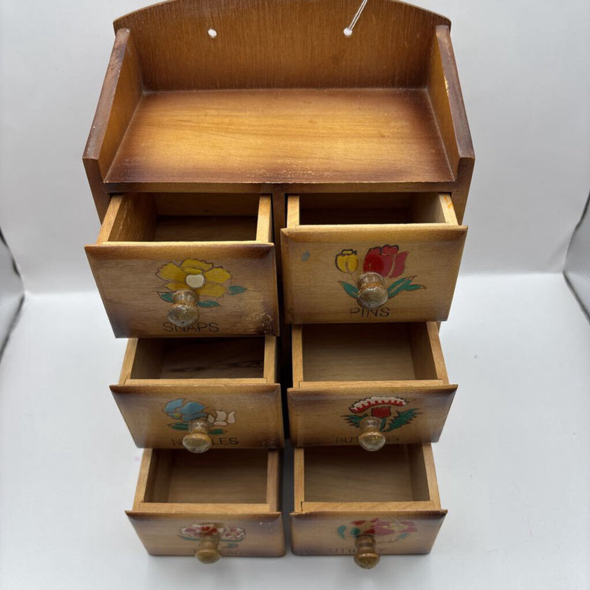 1950's 6-DRAWER HAND-PAINTED WOODEN WALL SEWING BOX