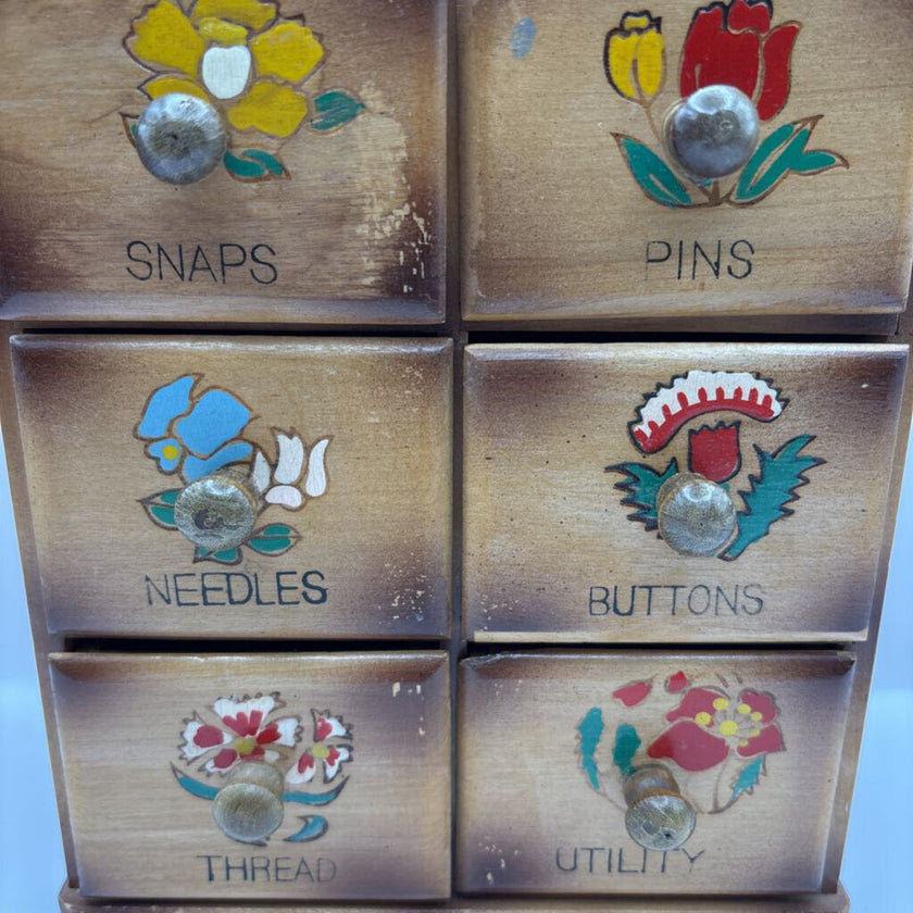 1950's 6-DRAWER HAND-PAINTED WOODEN WALL SEWING BOX