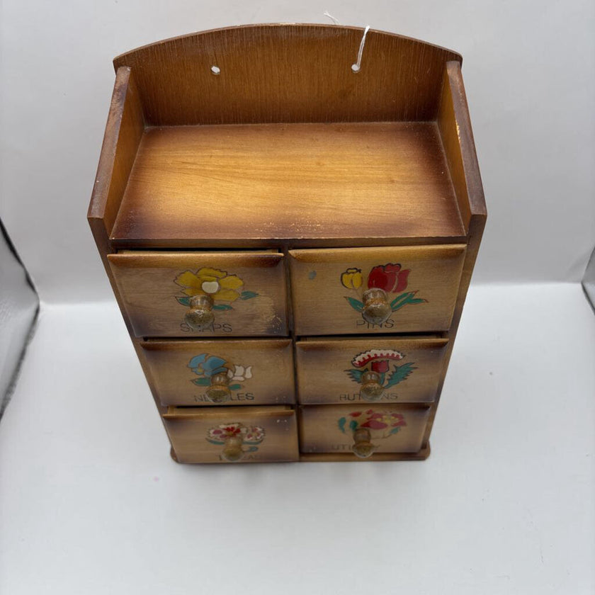 1950's 6-DRAWER HAND-PAINTED WOODEN WALL SEWING BOX