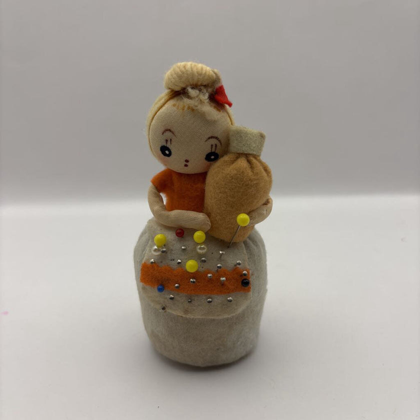 Vintage Girl Figurine Pin Cushion / Tape Measure, Made in Japan