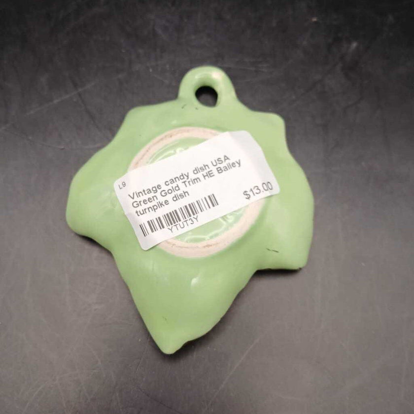 Vintage candy dish USA Green Gold Trim HE Bailey turnpike dish