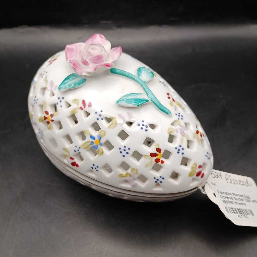 Porcelain Pierced Egg Covered Sachet Dish with applied flowers