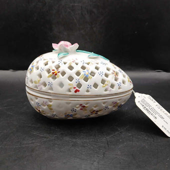 Porcelain Pierced Egg Covered Sachet Dish with applied flowers