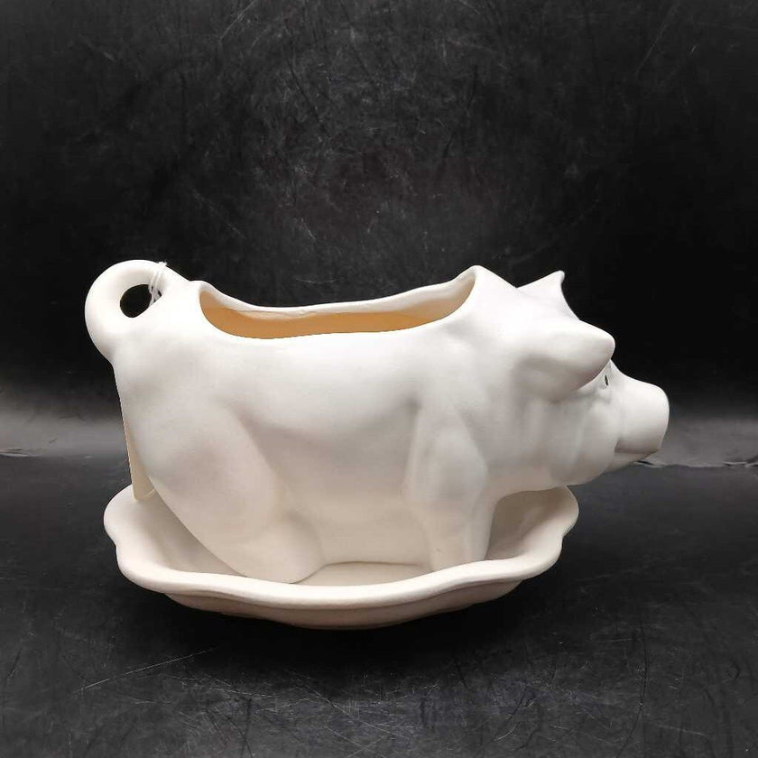 Vintage Ceramic White Pig Planter attached saucer