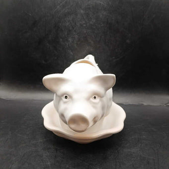 Vintage Ceramic White Pig Planter attached saucer