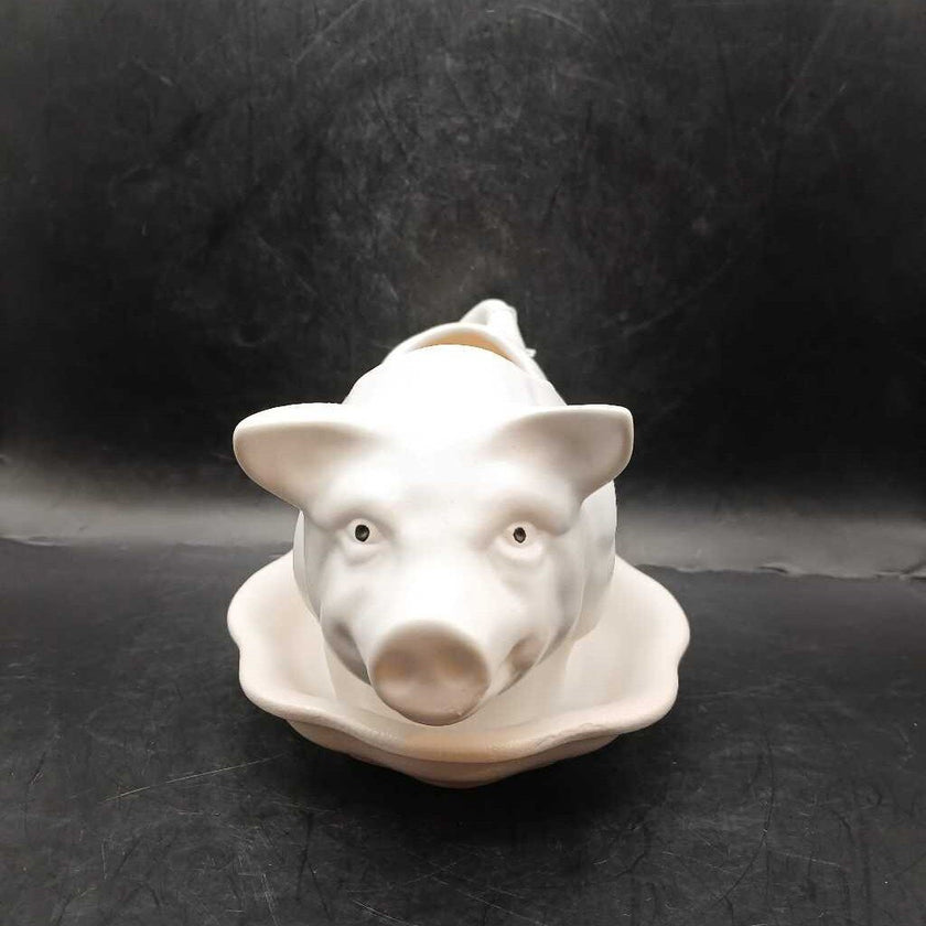 Vintage Ceramic White Pig Planter attached saucer