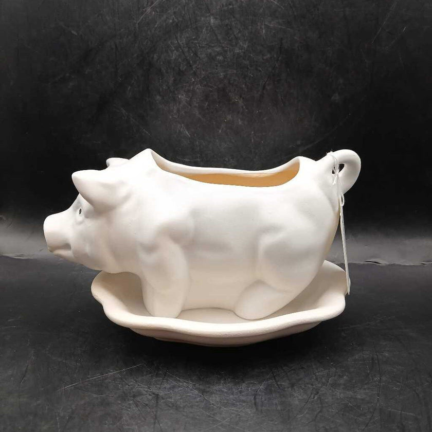 Vintage Ceramic White Pig Planter attached saucer