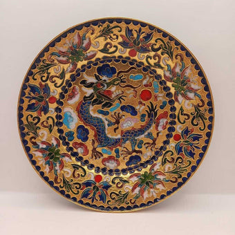 Vintage Chinese Cobalt Blue Cloisonne Dragon Decorative Plate