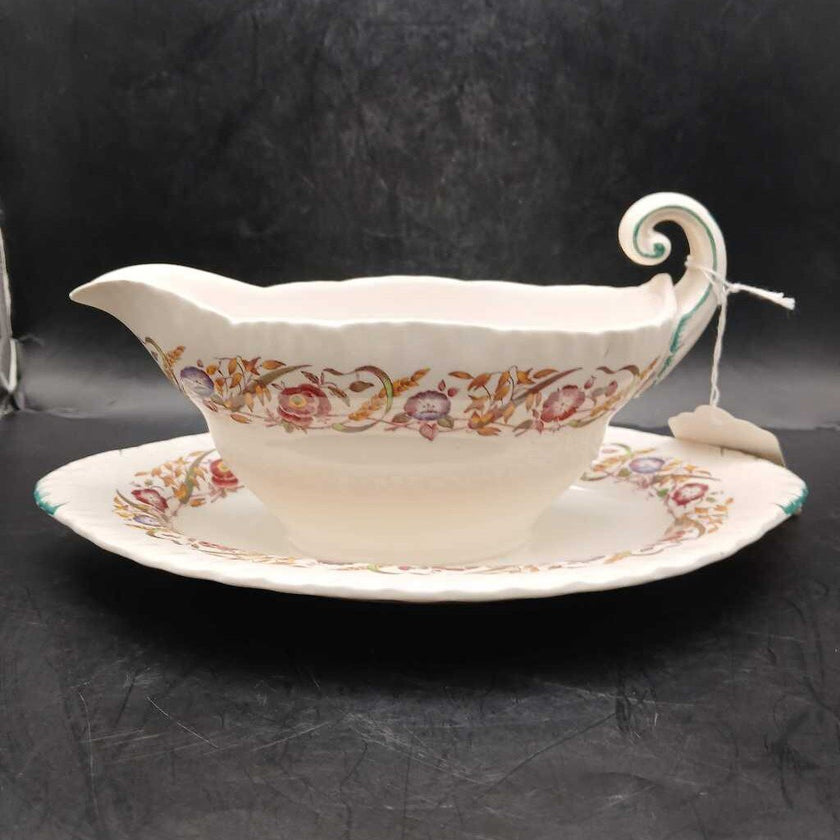 Wedgwood Etruria Cornflower Gravy Boat with Attached Plate