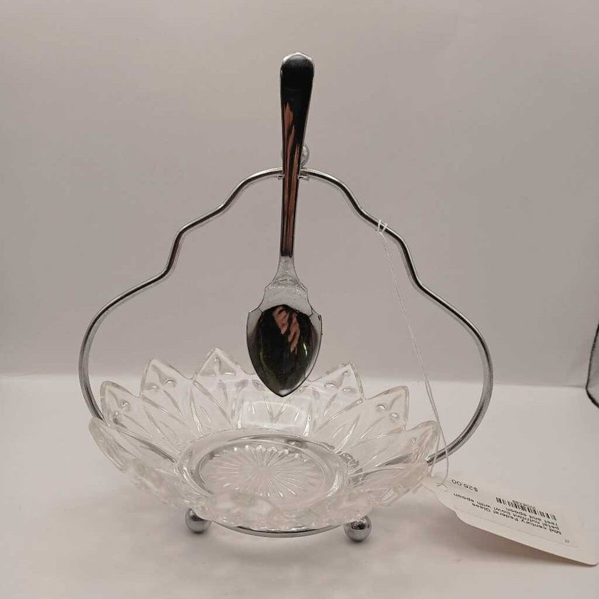 Mid century Federal Glass petal nut/mint bowl with spoon rest and spoon
