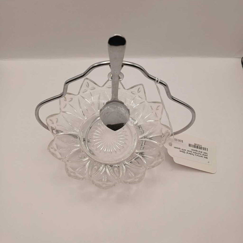 Mid century Federal Glass petal nut/mint bowl with spoon rest and spoon