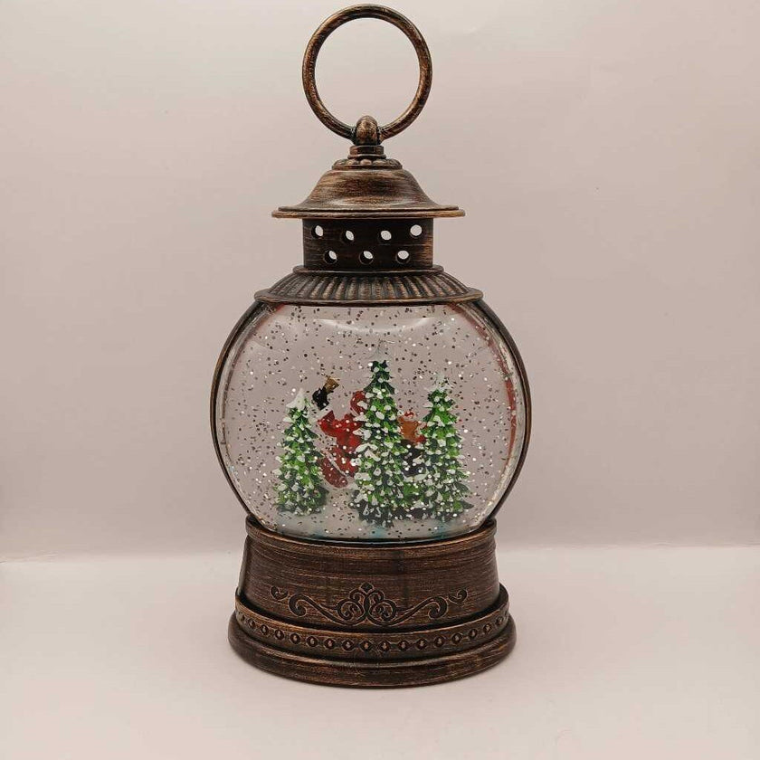 Brown Round Lantern Santa Sleigh Glitter Snow Globe