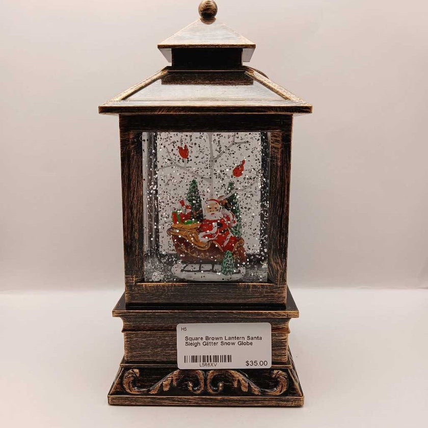 Square Brown Lantern Santa Sleigh Glitter Snow Globe