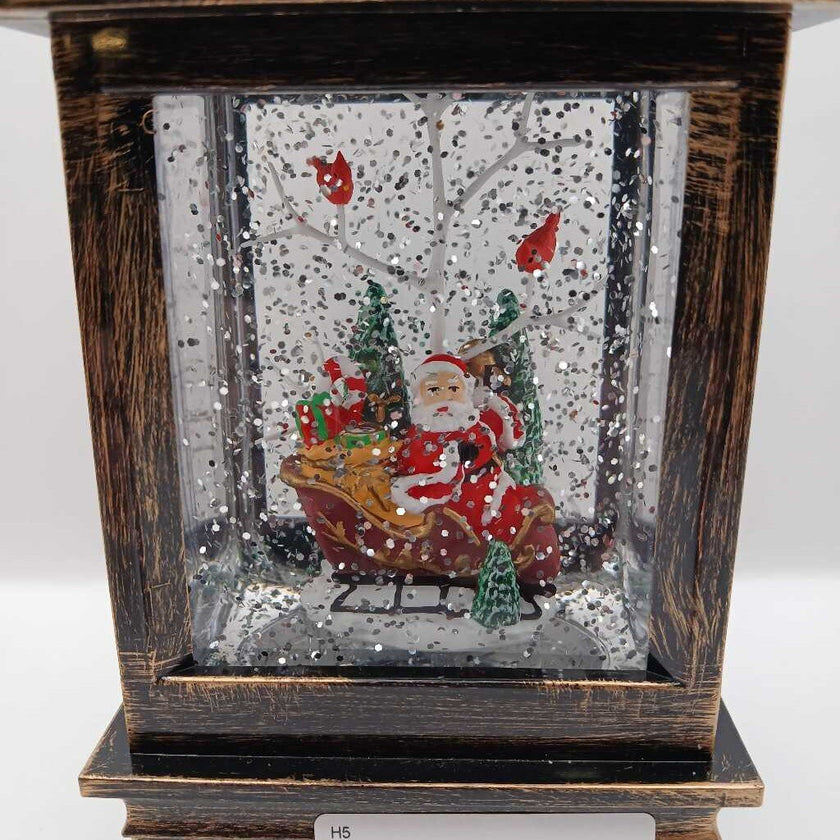 Square Brown Lantern Santa Sleigh Glitter Snow Globe