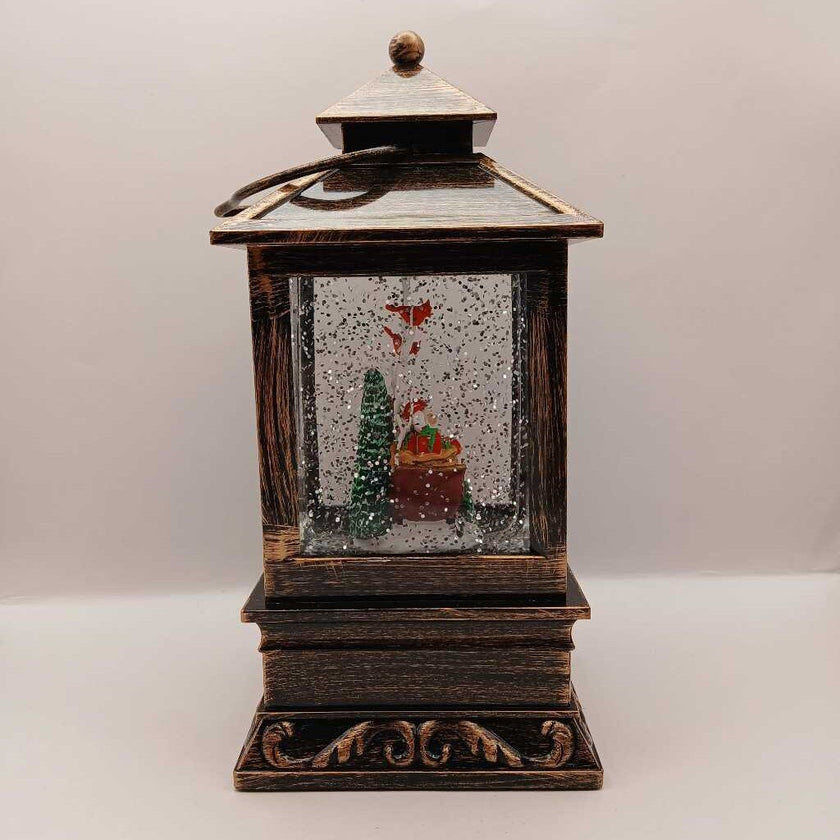 Square Brown Lantern Santa Sleigh Glitter Snow Globe
