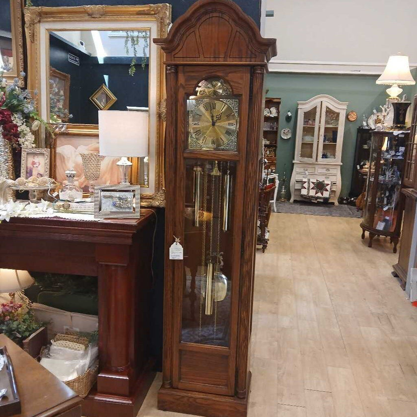 1980s Authentic Howard Miller Honey Oak Grandfather Clock