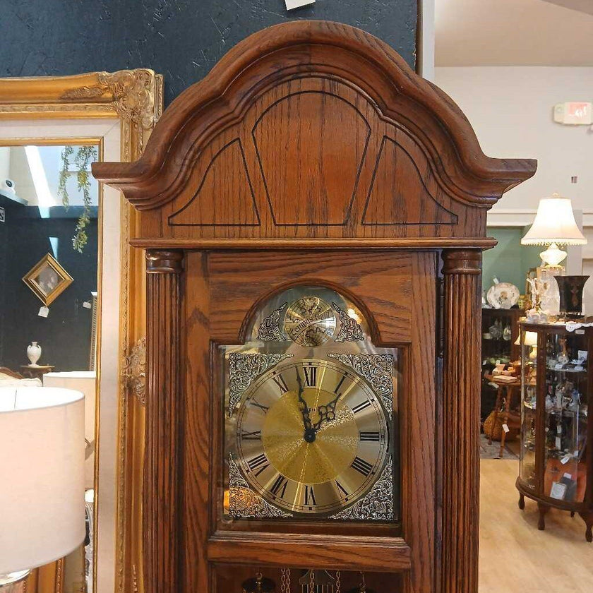 1980s Authentic Howard Miller Honey Oak Grandfather Clock