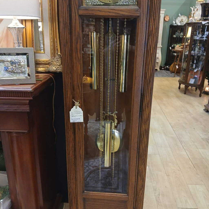 1980s Authentic Howard Miller Honey Oak Grandfather Clock