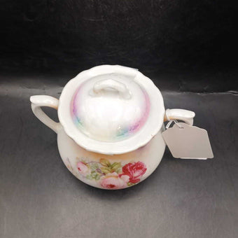 Vintage Lustreware Cabbage Roses Porcelain Germany Sugar Bowl + Lid