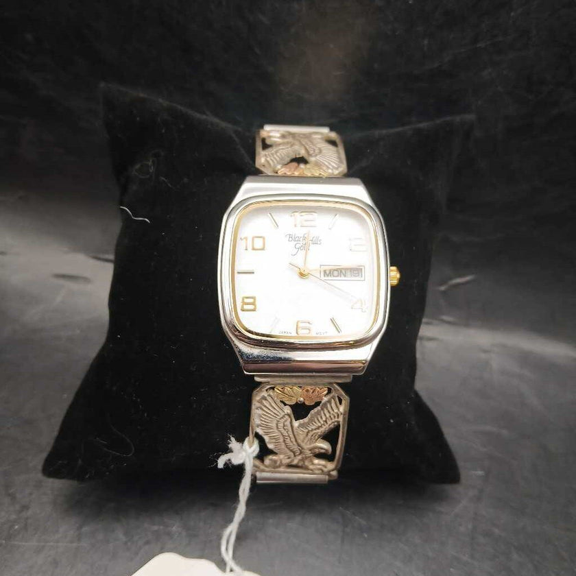 12K Black Hills Gold Leaves on Sterling Day +Date Quartz Watch